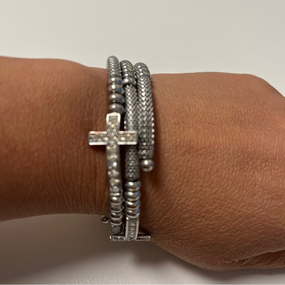 Religious CROSS Wrap Around Mesh Beaded Bracelet Silver tone Crystal Accent.
